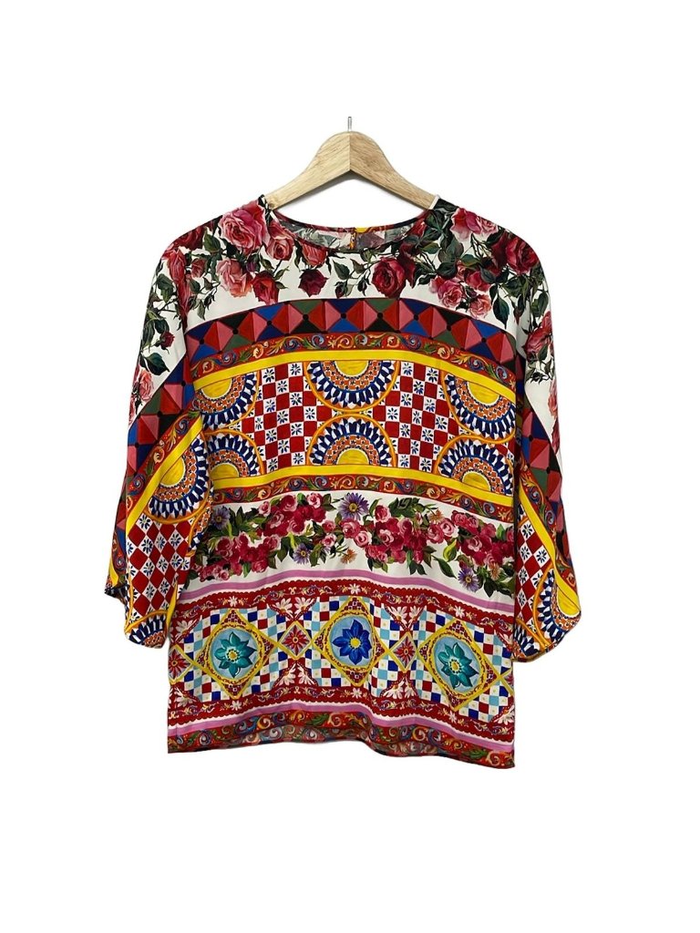 Dolce & Gabbana Long Sleeve Top 36 S Red Multi Floral Pattern